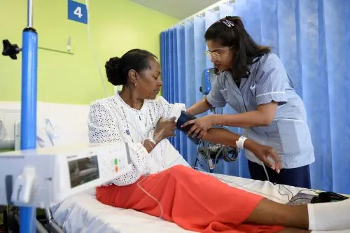 Photograph of a patient having a blood pressure check.