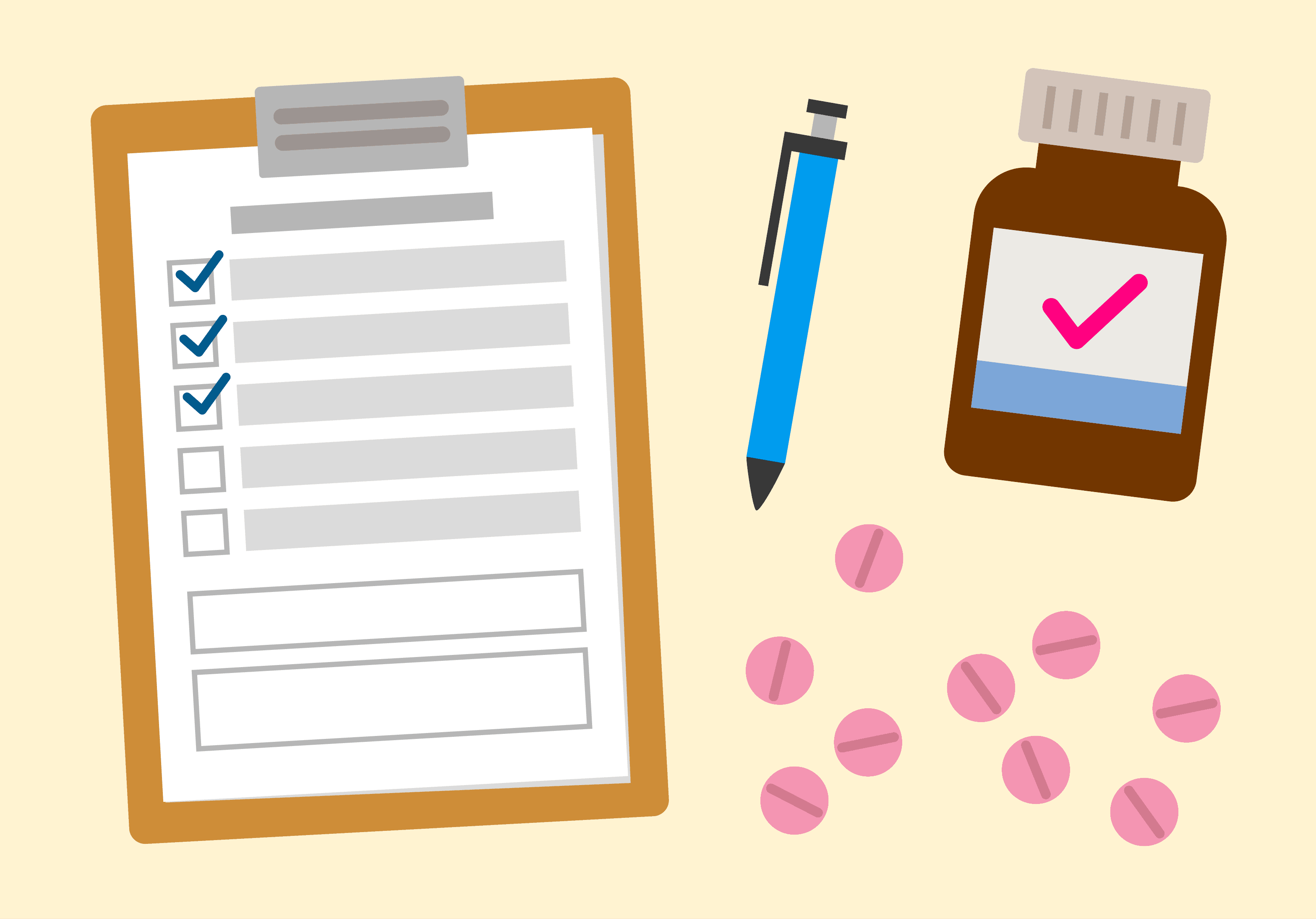 Illustration of a clipboard and medical drugs.