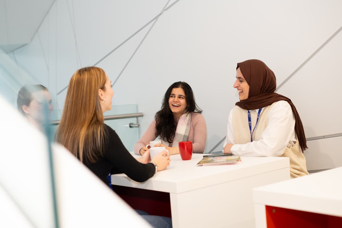 A photo of a group of researchers sat in a table.