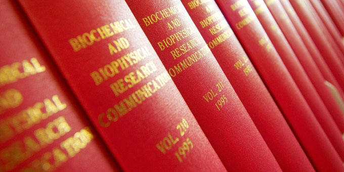 Journals on a library shelf Journals on a library shelf