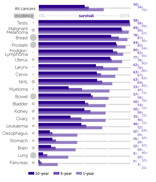 Infographic showing one-, five- and ten year survival for the common cancers