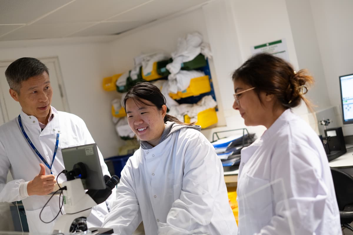 Three researchers having a discussion in a the lab. Convergence Science Centre Shoot 2023.