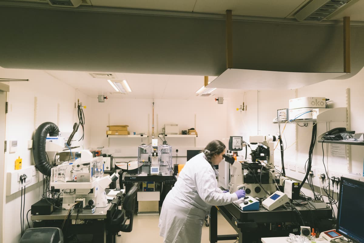 Researcher looking into a microscope. Moments captured at the Cambridge lab with our researchers working in the lab alone.