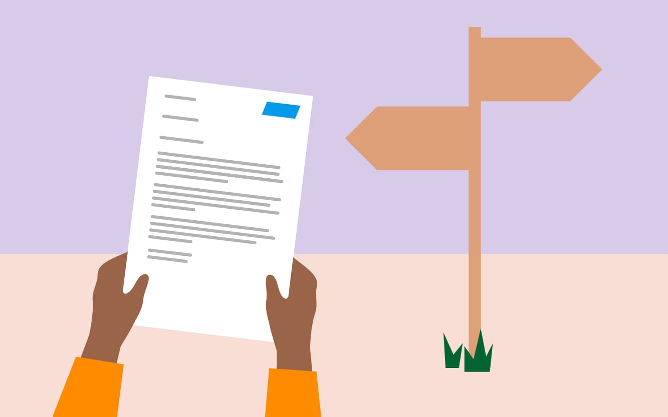 An illustration of a results letter and a signpost with arrows pointing in different directions.