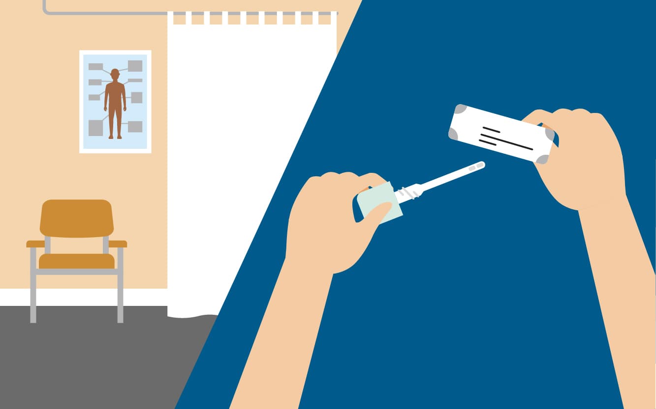An illustration including a screening test waiting room and a screening test kit.