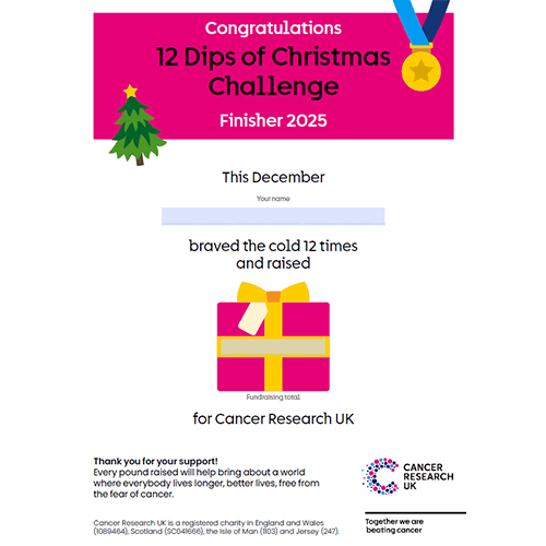 Certificate for the challenge, with space for name and fundraising total, with Christmas and medal illustrations on it.