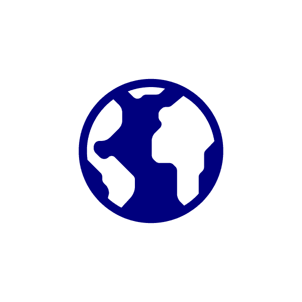 A navy blue icon of the globe.