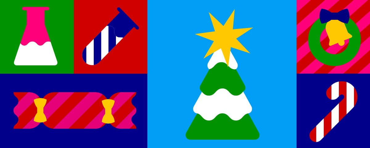 Christmas-themed header with a tree, cracker and candy cane, plus science icons like a festive striped test tube.