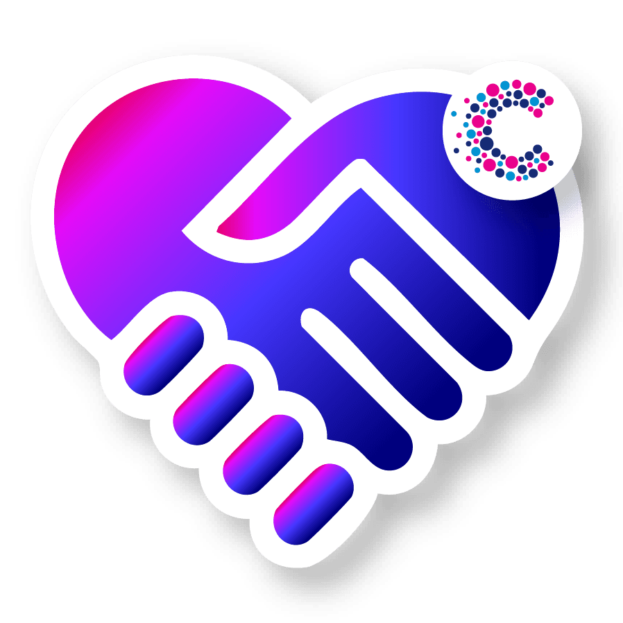 An emote of two hands shaking within a heart with Cancer Research UK logo on the top right.