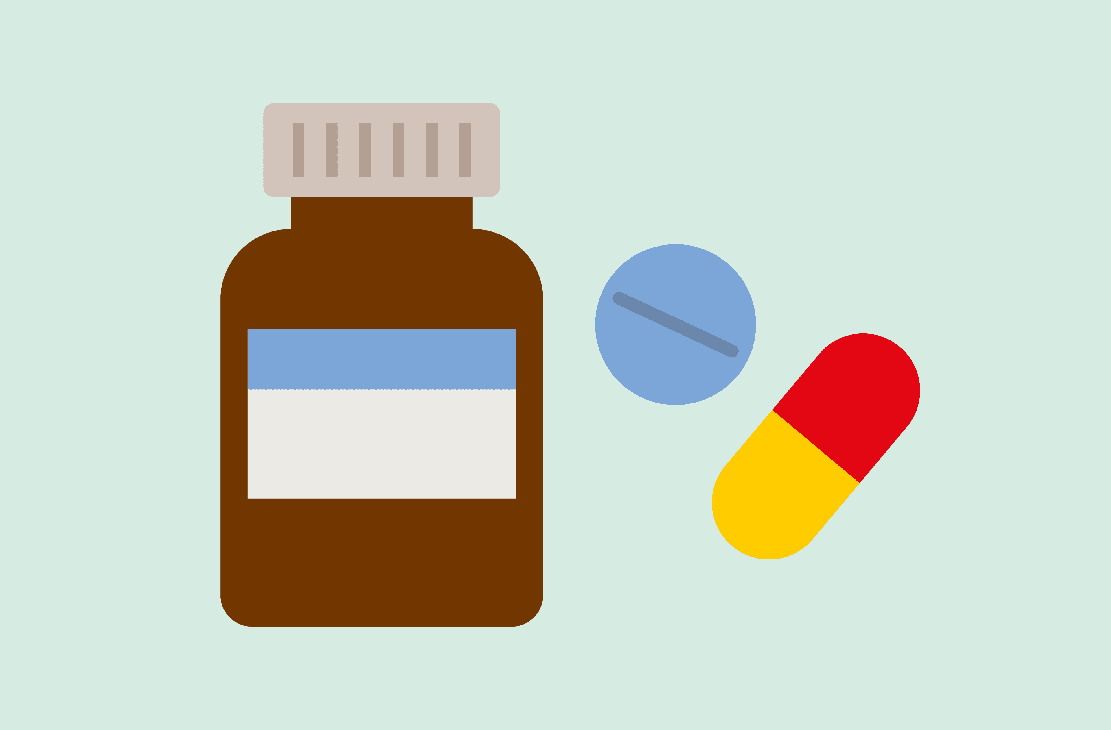 CRUK illustration of pills and medicine bottle.