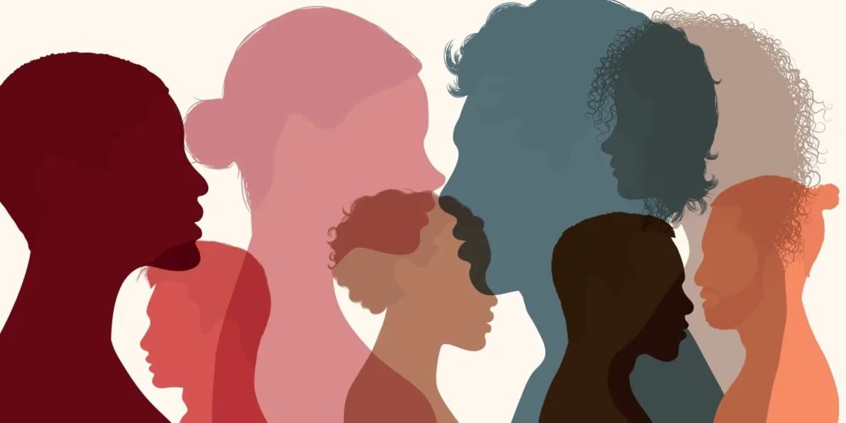 Silhouette heads faces in profile.