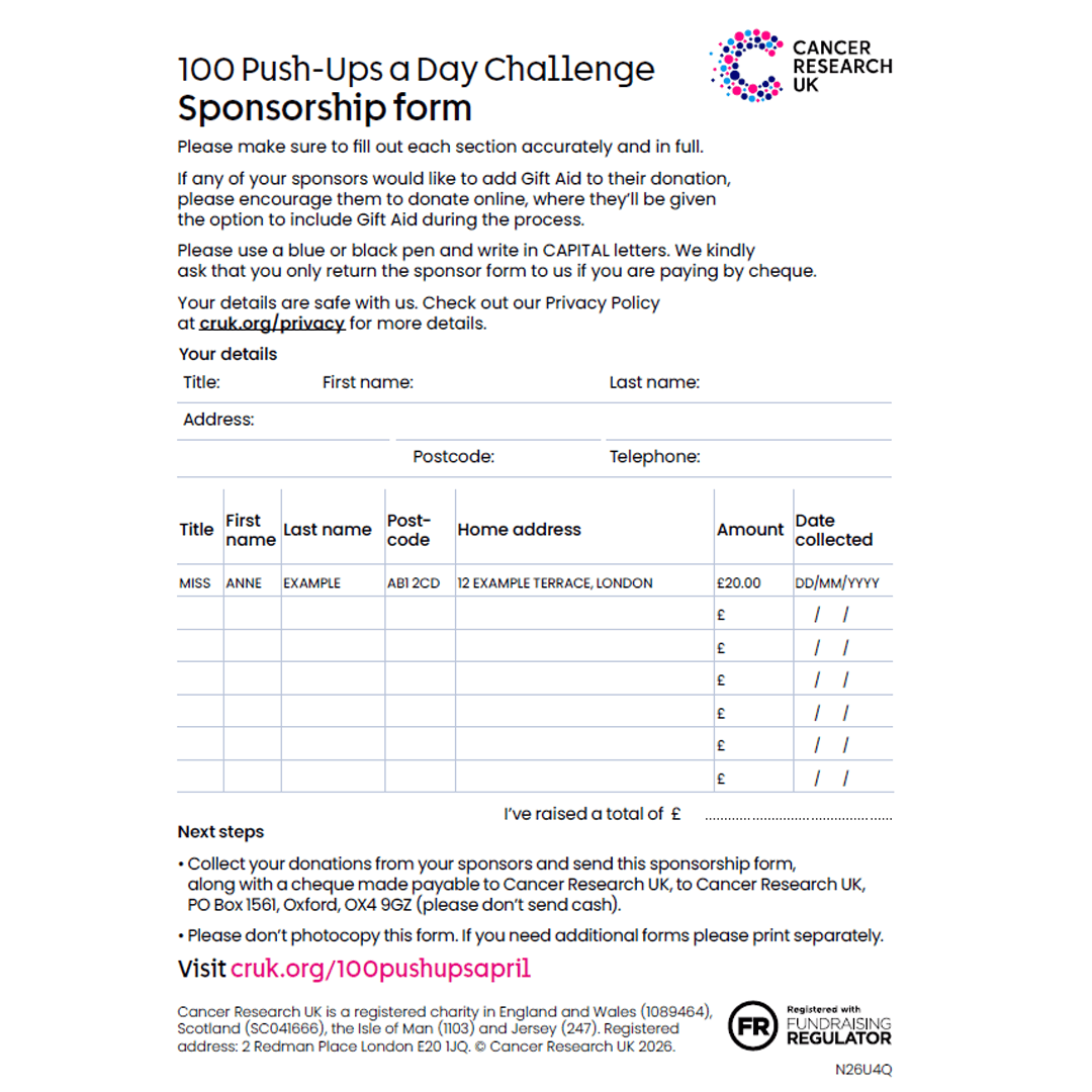 100 Push Ups April 2026 Sponsorship form.