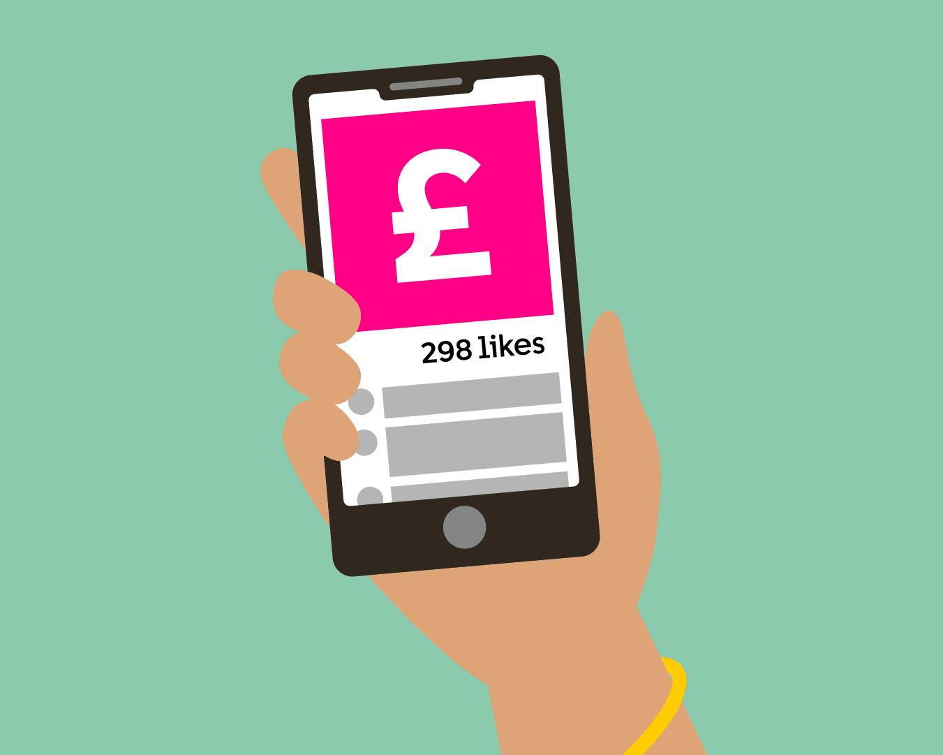 CRUK illustration of hand holding phone on a fundraising page.