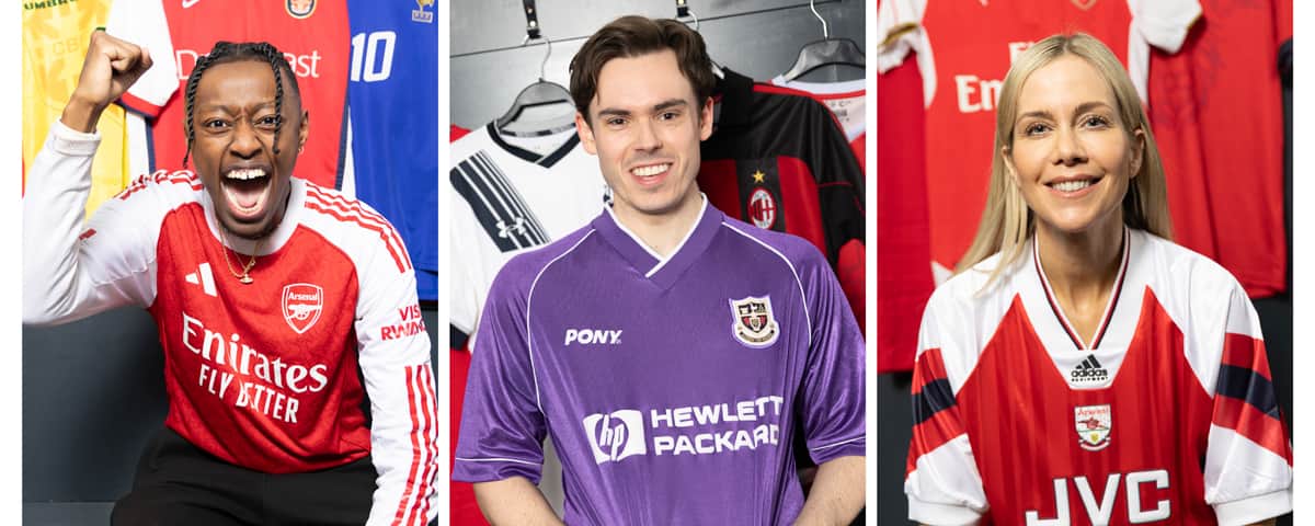 A photo of three people wearing football shirts for Football Shirt Friday smiling.