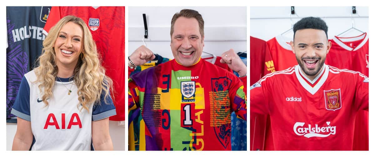 A photo of three people wearing football shirts for Football Shirt Friday smiling.