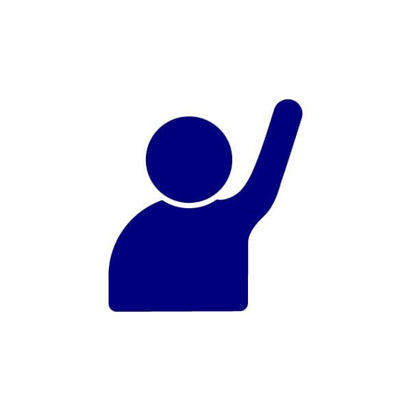 A navy blue icon showing someone raising their arm.