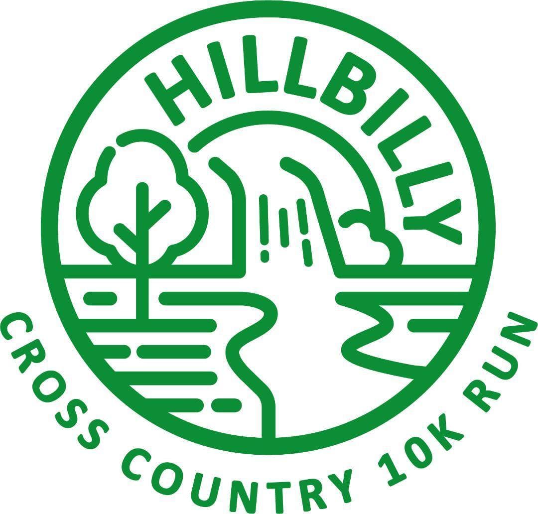 A green circular logo for the Hillbilly Cross Country 10K Run with a tree and a field pathway displayed in the centre.