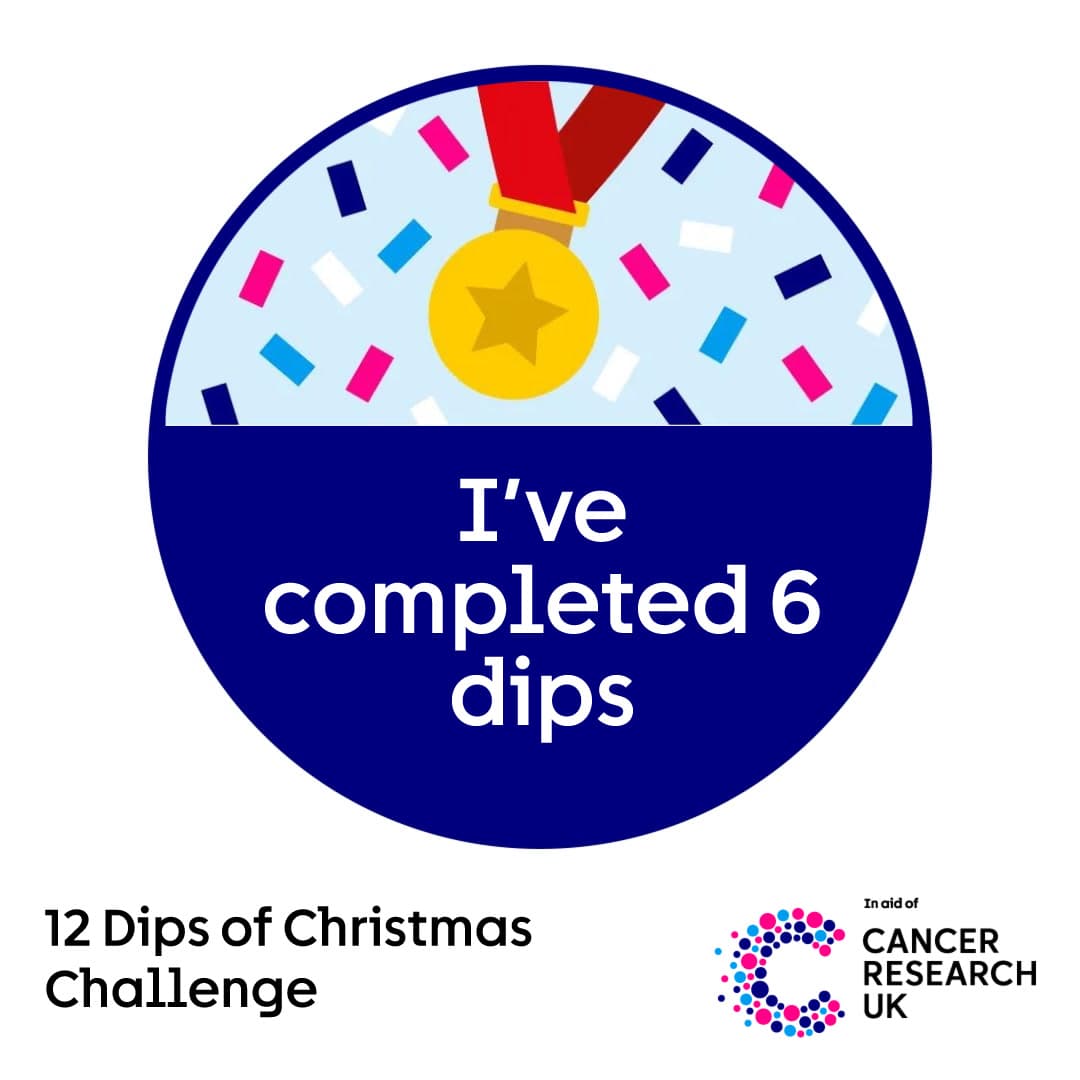 Blue badge with a gold medal and confetti background, with text that reads “I’ve completed 6 dips”.