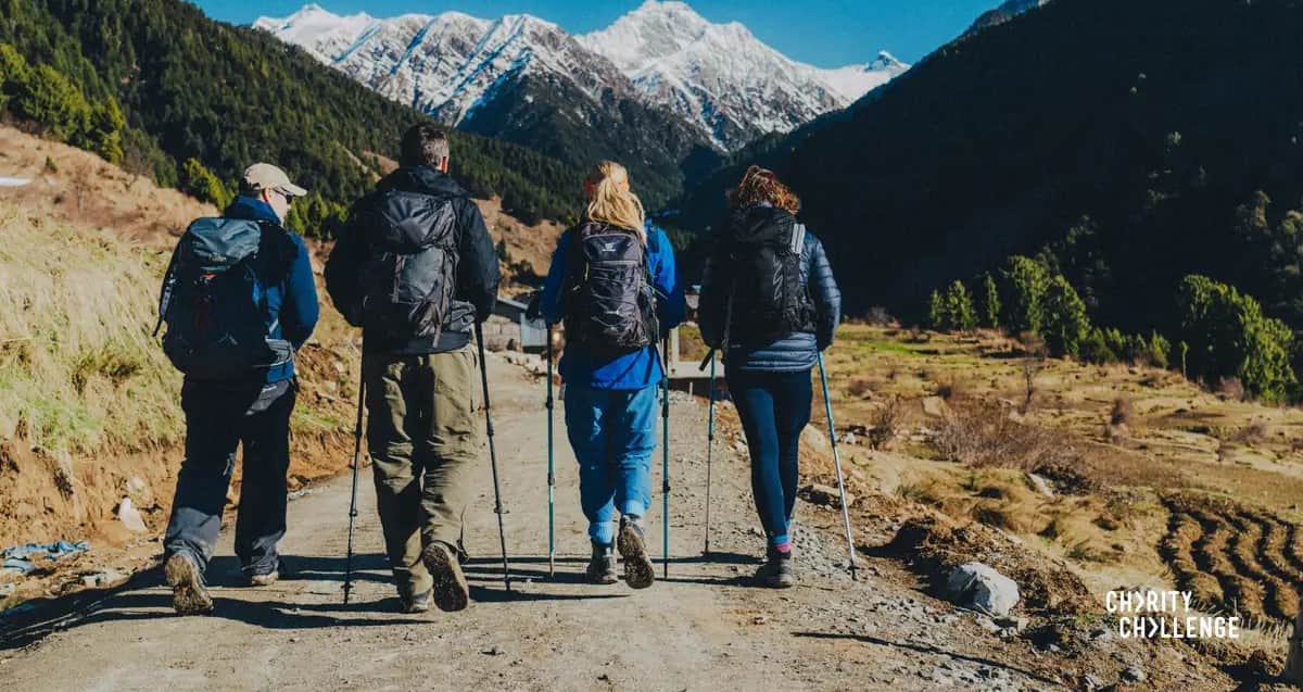 People enjoying a trek in the mountains.