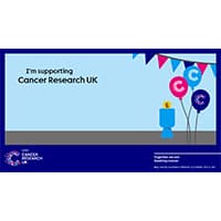 A Cancer Research UK branded video call background.