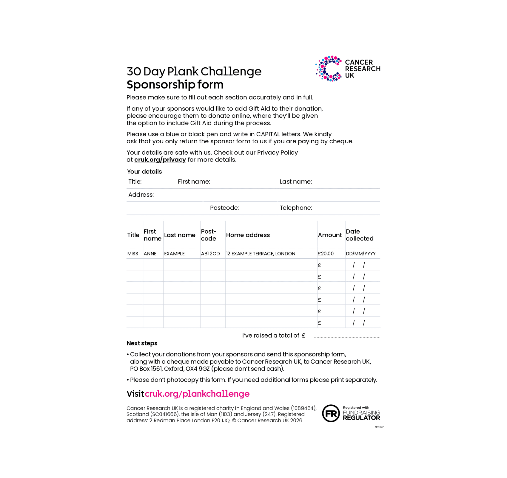Image of the sponsorship form with spaces to fill out donor details.