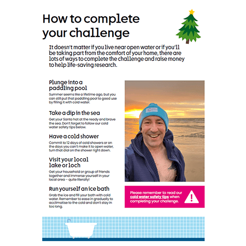 Instructions for how to complete the challenge with a picture of a man smiling wearing a Cancer Research UK bobble hat.