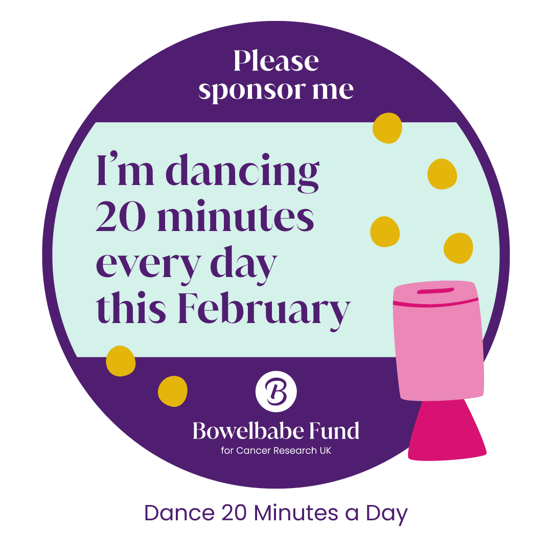 Illustration of a donation bucket and coins with text "Please sponsor me" "I'm dancing 20 minutes every day this February".