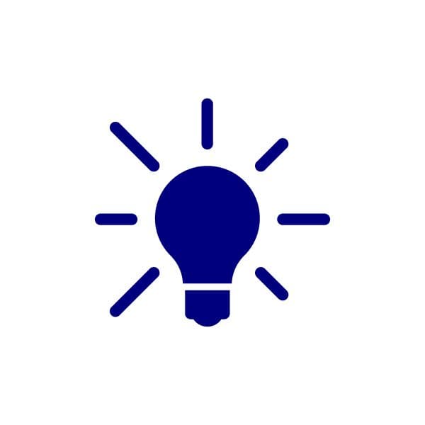 An icon showing a lightbulb, in navy blue.