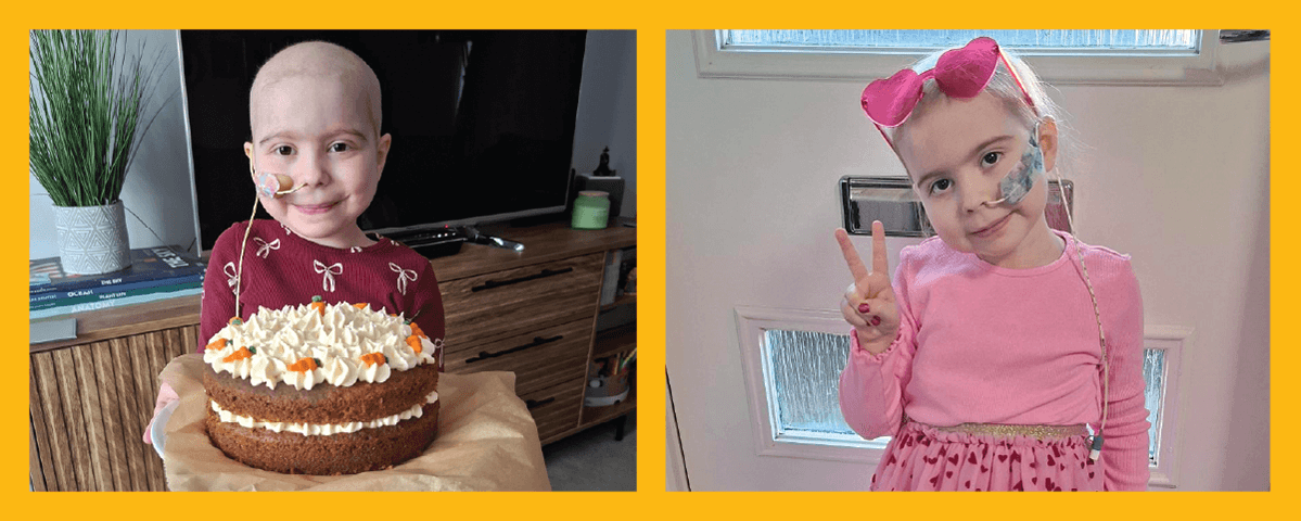 Two photos of Holly, a photo of her during her time undergoing treatment and a photo of her with a cake on her 10th birthday.