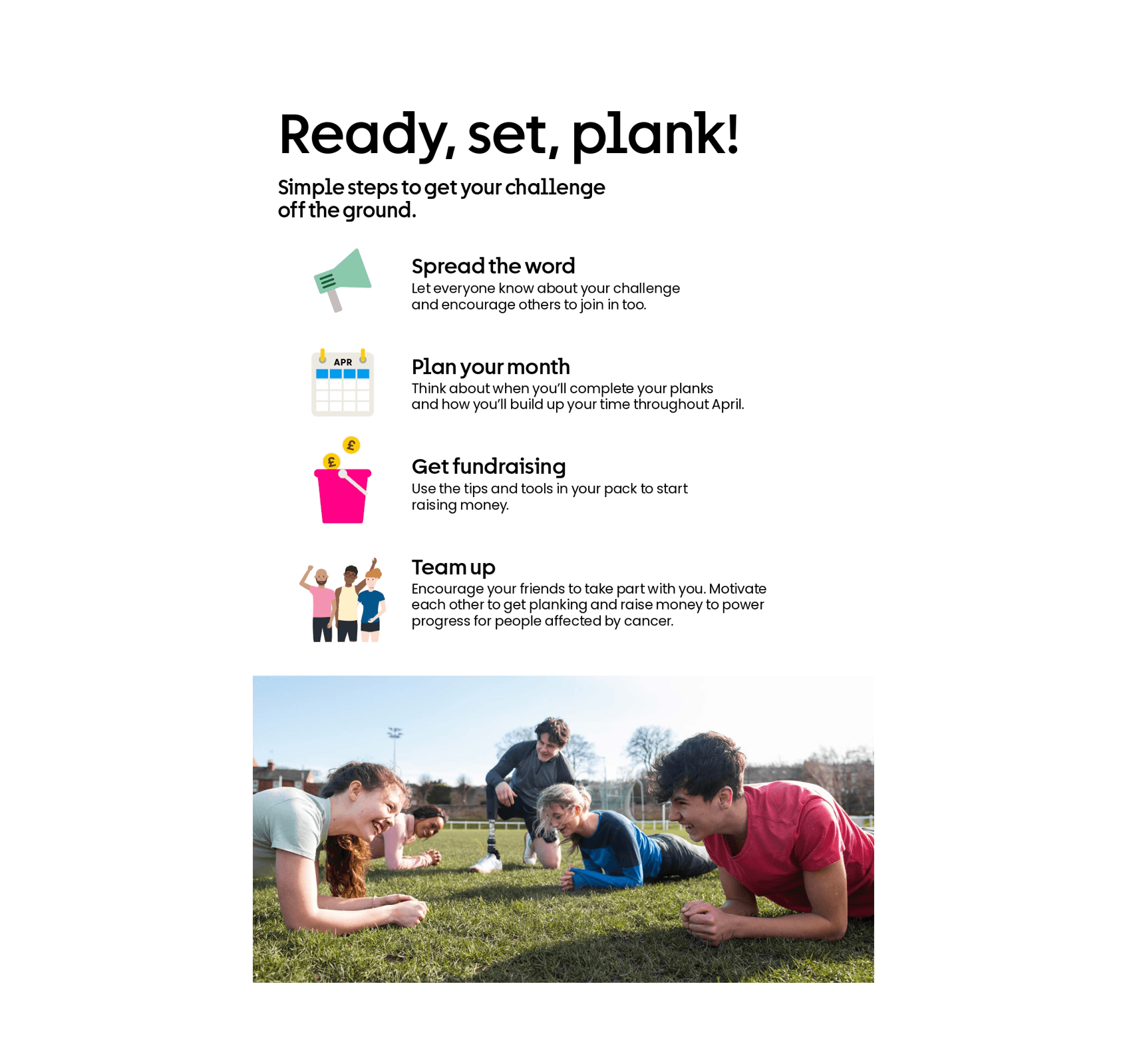 Page shows a picture of a group of people planking and illustrations of a megaphone, calendar, donation bucket and team.