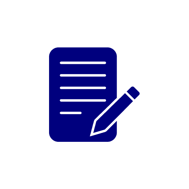 Navy blue icon of paper and a pen.