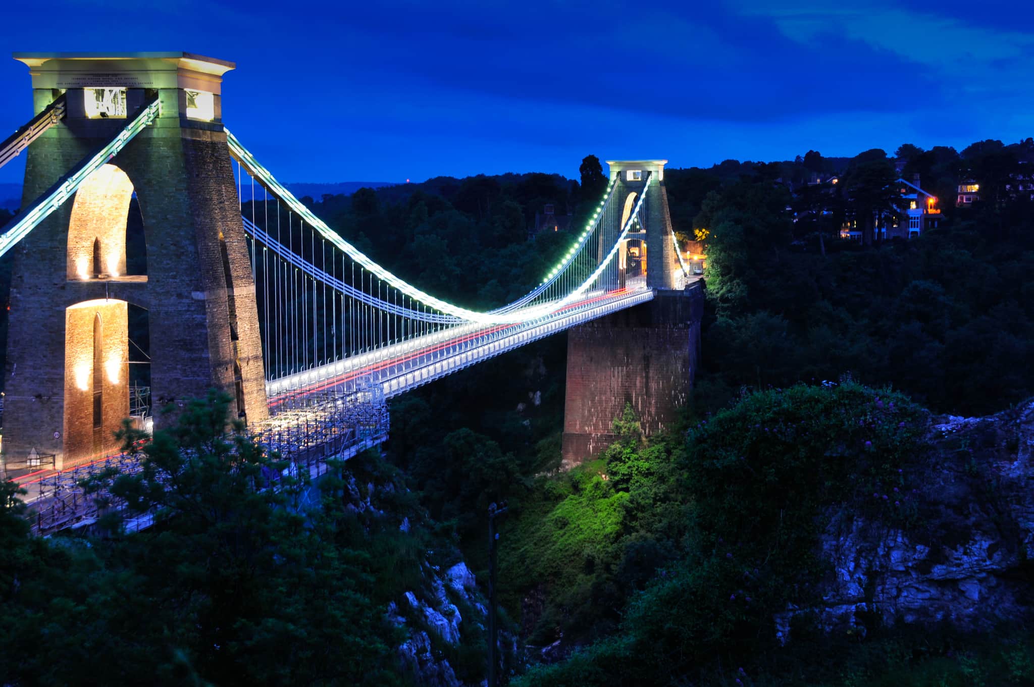 Bristol's Clifton Suspension Bridge at night.