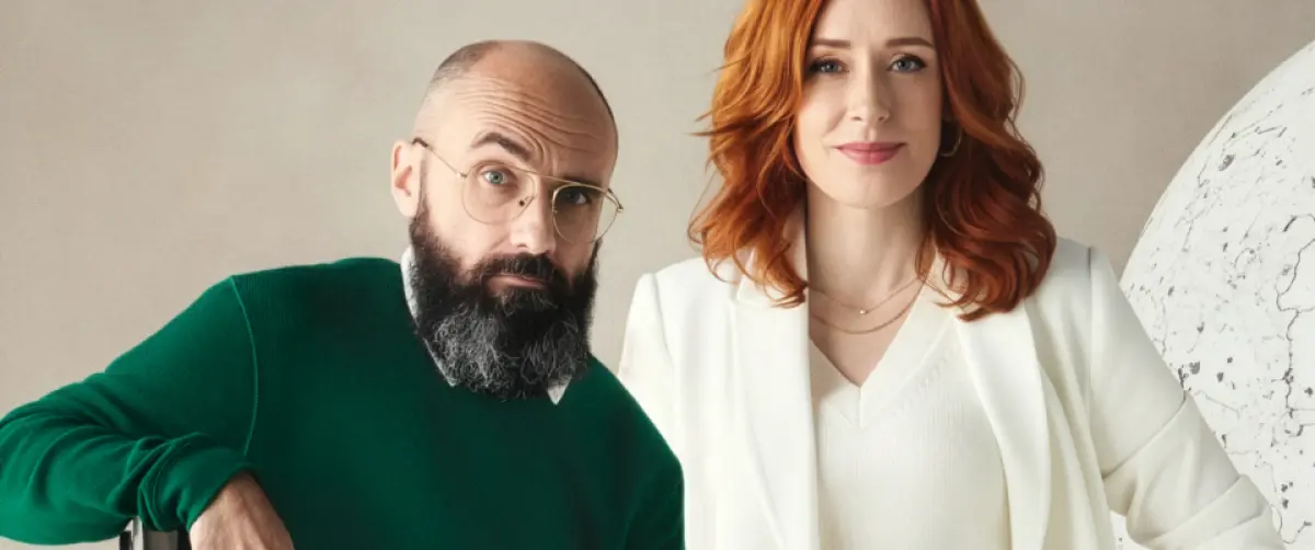 A photo of Hannah Fry and Michael Stevens.