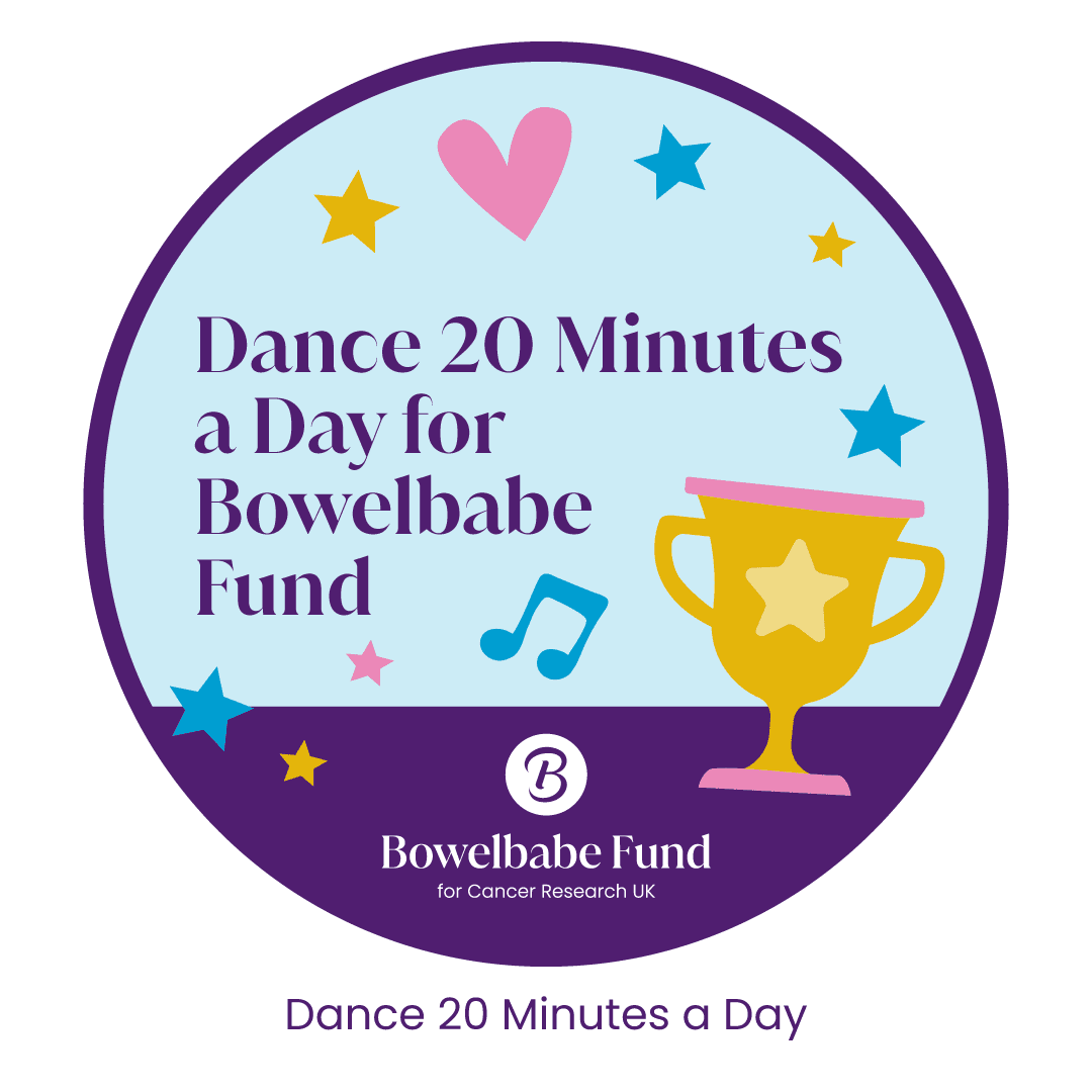 Completion badge for the Bowelbabe Fund dance challenge that has illustrations of a trophy, music notes and stars on it.