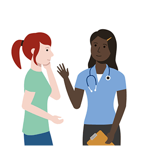 An illustration of a nurse talking to a patient.