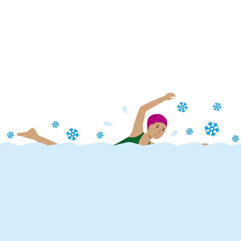 Illustration of a woman swimming in cold water.