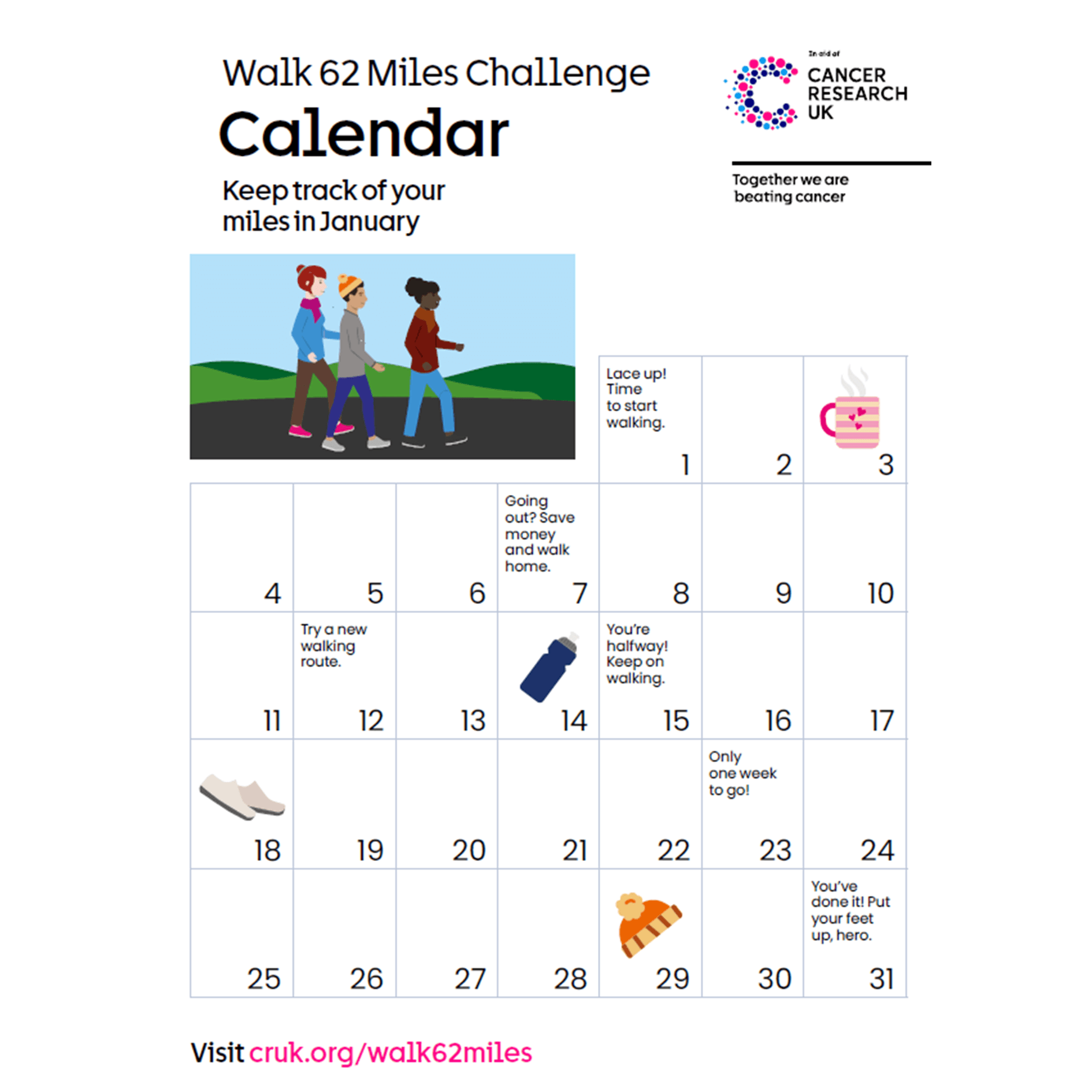 Challenge calendar with illustrations of people walking, hot chocolate, water bottles, trainers and a bobble hat.