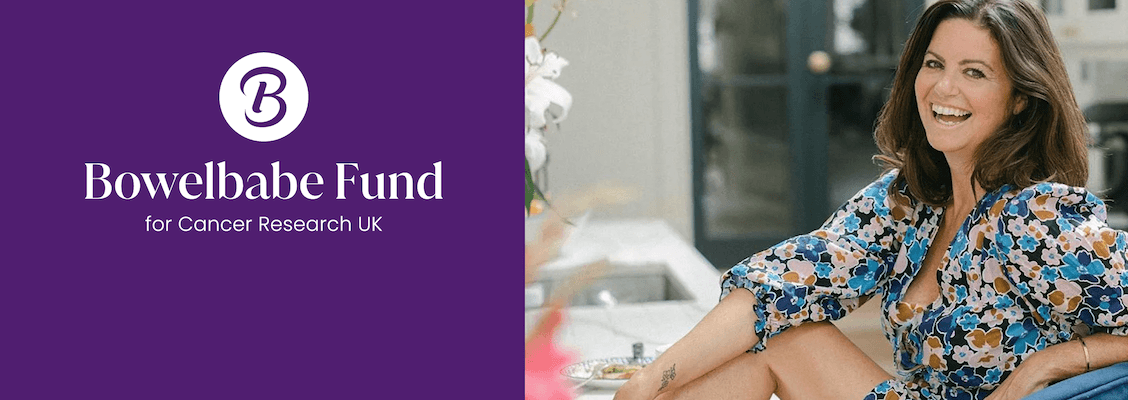 Dame Deborah James (Bowelbabe) Smiling next to the Bowelbabe fund logo.