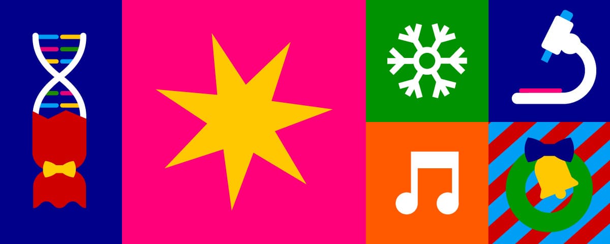 Christmas-themed header with a star and snowflake, plus a science icon such as a microscope.