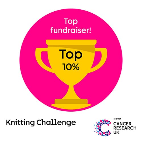 A badge showing a gold trophy against a pink background with the words 'Top fundraiser!' above.