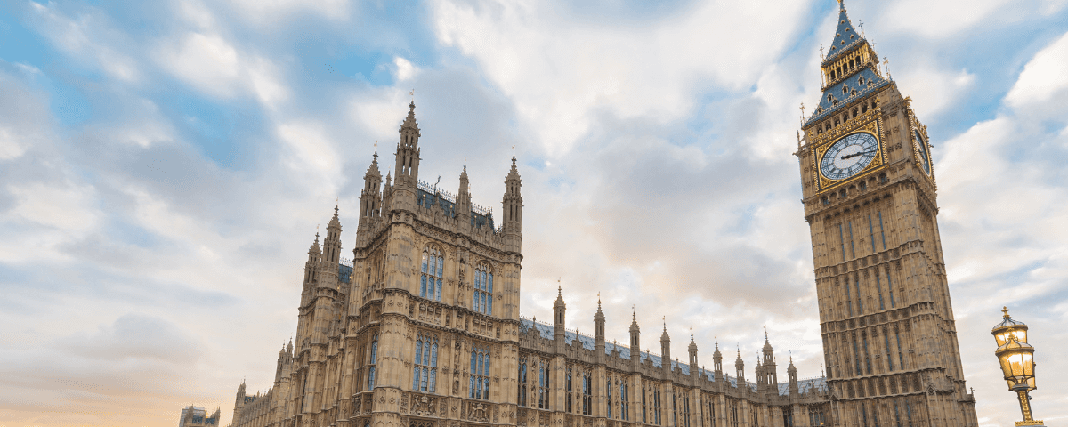 Low angle view of Big Ben and the Houses of Parliament.