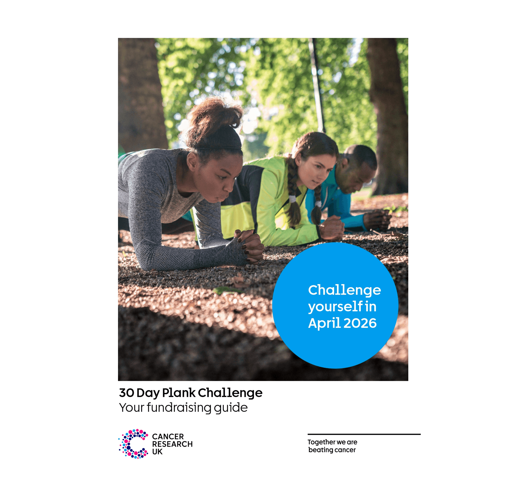 Front cover of the fundraising pack showing a picture of three people holding a plank.