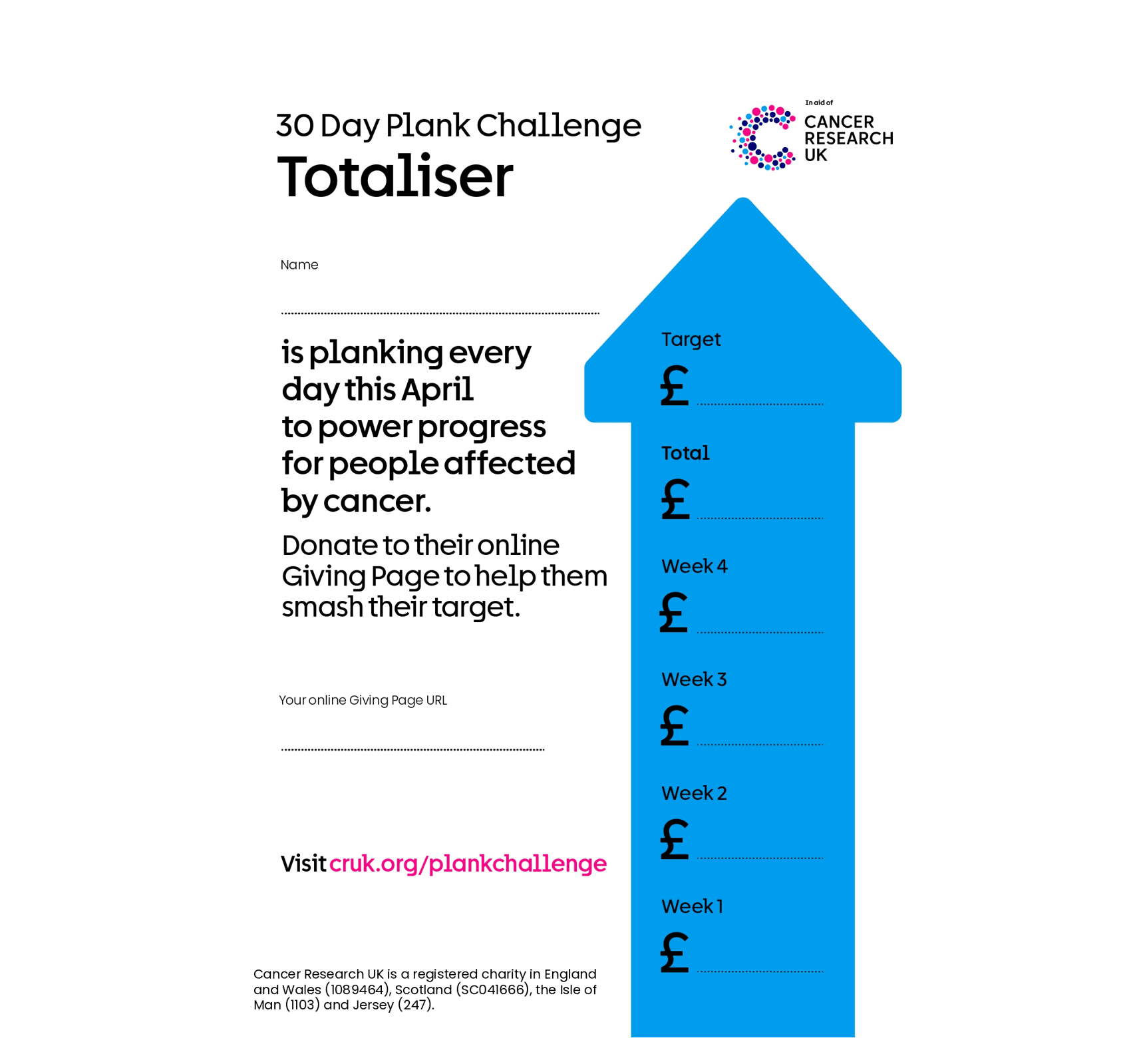 Picture of the challenge totaliser page with a big blue arrow with spaces to write weekly fundraising amounts and target.