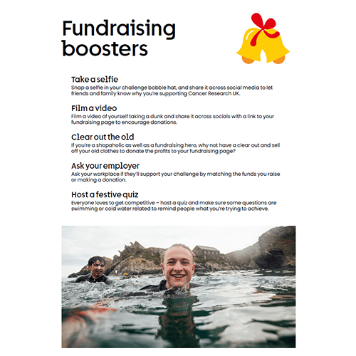 Fundraising boosters for the challenge with a picture of a man taking a selfie and smiling in the open water.