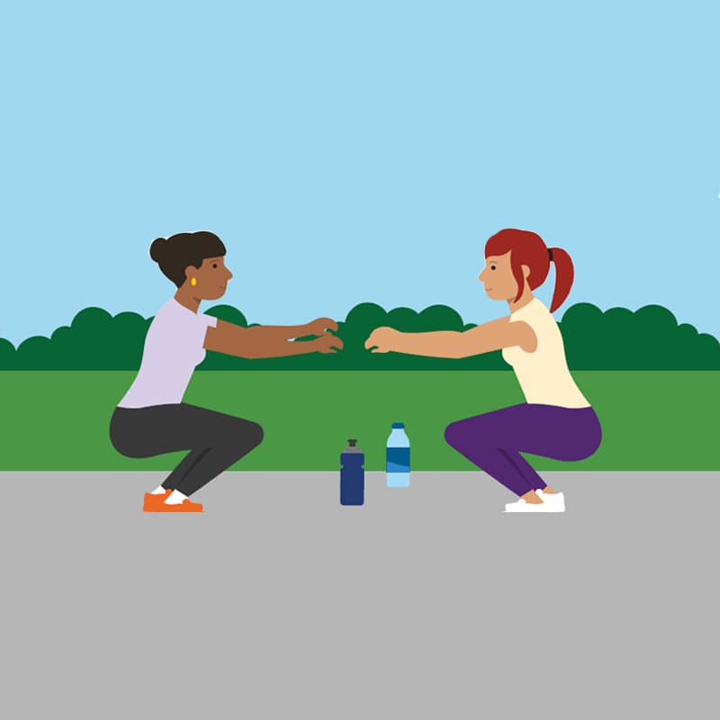 Illustration of two women doing squats in a park.
