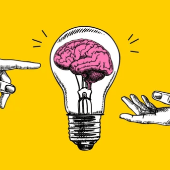 Image of two hands pointing at a lightbulb with a yellow background.