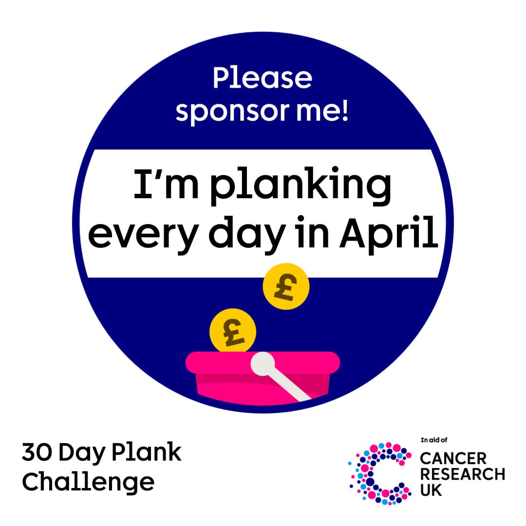 Badge with text ‘Please sponsor me! I’m planking every day in April’ above an illustration of a donation pot and pound coins.