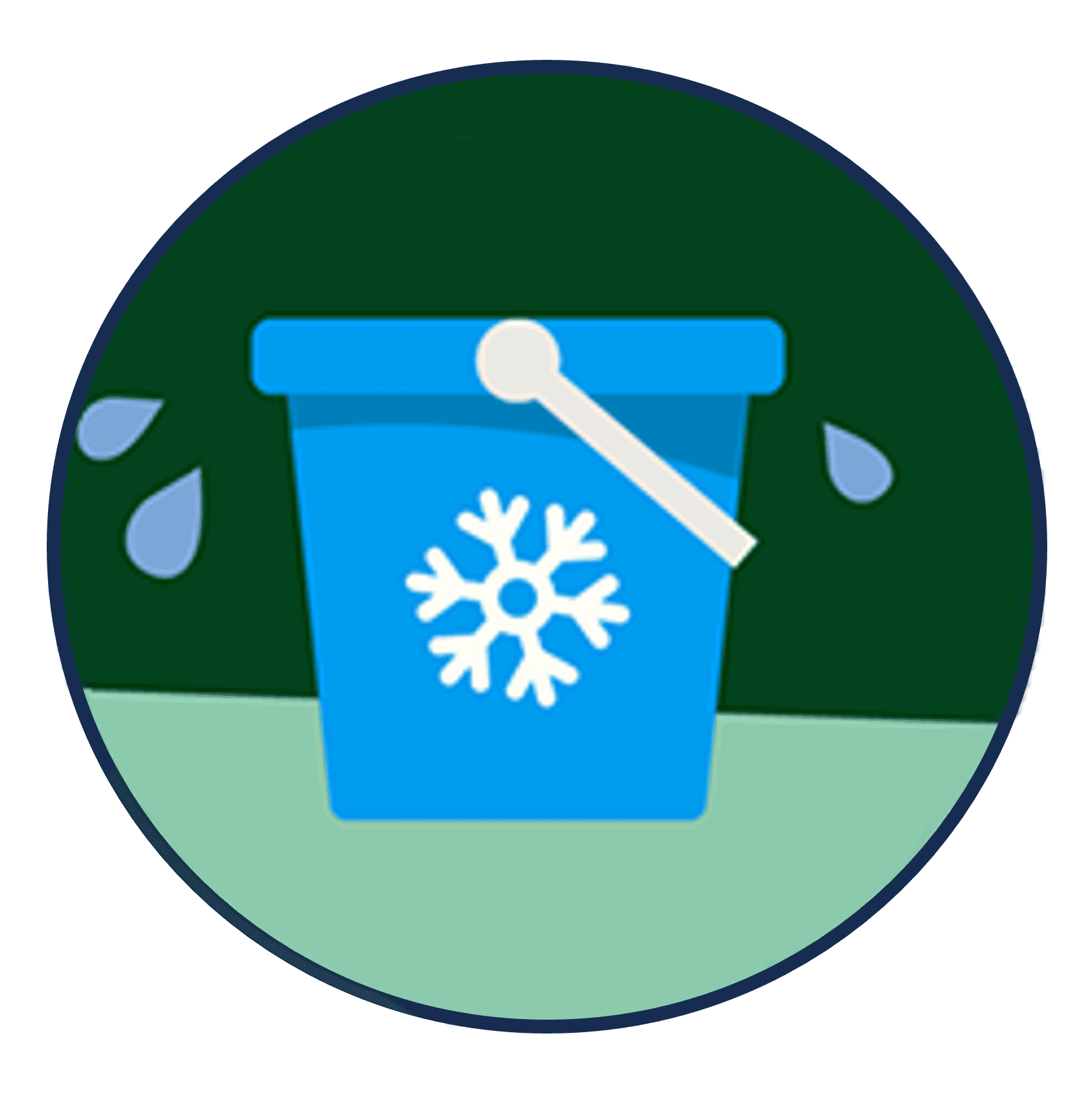An illustration of a bucket with a snowflake on the front of it and water dripping out of it.