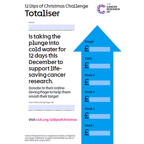 Totaliser poster with a big blue arrow on it and space to fill in their name and weekly donation amount against their target.