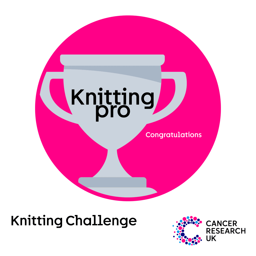A challenge badge with a silver trophy and text reads "knitting pro".